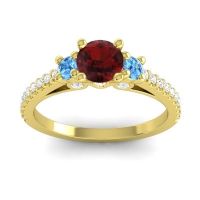 Garnet Ring In 18k Yellow Gold With Swiss Blue Topaz And Lab Diamond Navan Round Three-stone Ring