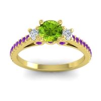 Peridot Ring In 14k Yellow Gold With Lab Diamond And Amethyst Navan Round Three-stone Ring