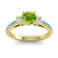 Peridot Ring In 18k Yellow Gold With Diamond And Swiss Blue Topaz Navan Round Three-stone Ring