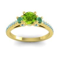Peridot Ring In 18k Yellow Gold With Emerald And Aquamarine Navan Round Three-stone Ring