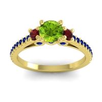 Peridot Ring In 14k Yellow Gold With Garnet And Blue Sapphire Navan Round Three-stone Ring