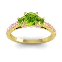 Peridot Ring In 18k Yellow Gold With Pink Tourmaline Navan Round Three-stone Ring