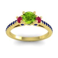 Peridot Ring In 18k Yellow Gold With Ruby And Blue Sapphire Navan Round Three-stone Ring