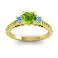 Peridot Ring In 18k Yellow Gold With Swiss Blue Topaz Navan Round Three-stone Ring