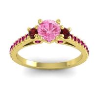 Pink Tourmaline Ring In 18k Yellow Gold With Garnet And Ruby Navan Round Three-stone Ring