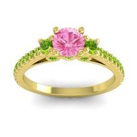 Pink Tourmaline Ring In 18k Yellow Gold With Peridot Navan Round Three-stone Ring