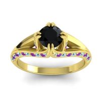 Black Onyx Ring In 14k Yellow Gold With Aquamarine And Amethyst Tivra Round Classic Ring