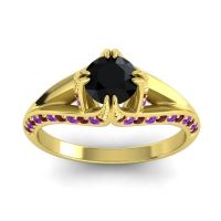Black Onyx Ring In 14k Yellow Gold With Garnet And Amethyst Tivra Round Classic Ring