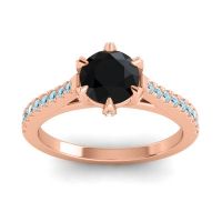 Black Onyx Ring In 14K Rose Gold With Lab Diamond And Aquamarine Vapa Round Classic Ring