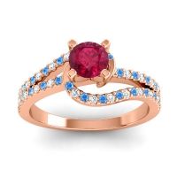 Ruby Ring In 18K Rose Gold With Lab Diamond And Swiss Blue Topaz Avarta Round Modern Ring