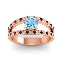 Aquamarine Ring In 14K Rose Gold With Lab Diamond And Garnet Damza Round Modern Ring