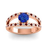 Blue Sapphire Ring In 14K Rose Gold With Lab Diamond And Garnet Damza Round Modern Ring