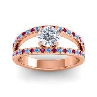 Lab Diamond Ring In 14K Rose Gold With Swiss Blue Topaz And Ruby Damza Round Modern Ring