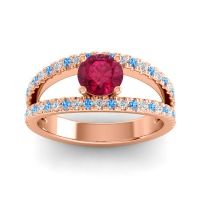 Ruby Ring In 18K Rose Gold With Lab Diamond And Swiss Blue Topaz Damza Round Modern Ring