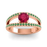 Ruby Ring In 18K Rose Gold With Emerald Damza Round Modern Ring