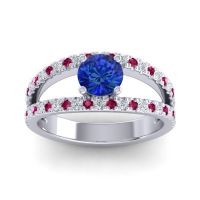 Blue Sapphire Ring In Palladium With Lab Diamond And Ruby Damza Round Modern Ring