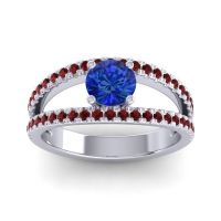 Blue Sapphire Ring In 14k White Gold With Garnet Damza Round Modern Ring