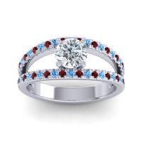 Lab Diamond Ring In 18k White Gold With Swiss Blue Topaz And Garnet Damza Round Modern Ring
