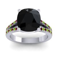 Black Onyx Ring In 14k White Gold With Peridot And Garnet Viratara Cushion Classic Ring