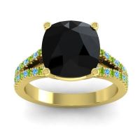 Black Onyx Ring In 14k Yellow Gold With Swiss Blue Topaz And Peridot Viratara Cushion Classic Ring