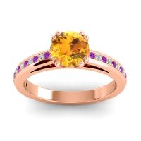 Citrine Ring In 14K Rose Gold With Amethyst And Lab Diamond Zarya Round Classic Ring