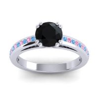 Black Onyx Ring In 14k White Gold With Swiss Blue Topaz And Pink Tourmaline Zarya Round Classic Ring