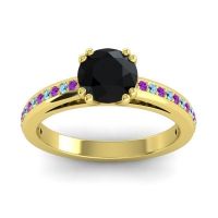 Black Onyx Ring In 14k Yellow Gold With Amethyst And Aquamarine Zarya Round Classic Ring