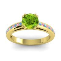 Peridot Ring In 14k Yellow Gold With Swiss Blue Topaz And Pink Tourmaline Zarya Round Classic Ring