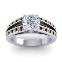 Diamond Ring In Palladium With Black Onyx And Citrine Zirastra Round Modern Ring