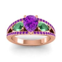 Amethyst Ring In 18K Rose Gold With Emerald Vatama Pear Three-stone Ring