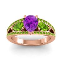 Amethyst Ring In 14K Rose Gold With Peridot Vatama Pear Three-stone Ring