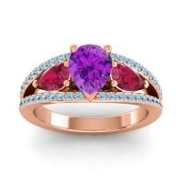 Amethyst Ring In 14K Rose Gold With Ruby And Aquamarine Vatama Pear Three-stone Ring