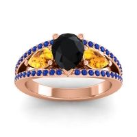 Black Onyx Ring In 14K Rose Gold With Citrine And Blue Sapphire Vatama Pear Three-stone Ring