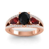 Black Onyx Engagement Ring In 14K Rose Gold With Garnet And Diamond - Vatama Pear Three-stone Ring
