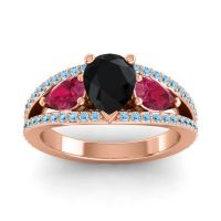Black Onyx Ring In 14K Rose Gold With Ruby And Aquamarine Vatama Pear Three-stone Ring