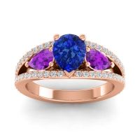 Blue Sapphire Engagement Ring In 14K Rose Gold With Amethyst And Diamond - Vatama Pear Three-stone Ring
