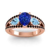 Blue Sapphire Ring In 18K Rose Gold With Aquamarine And Black Onyx Vatama Pear Three-stone Ring