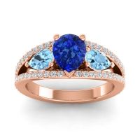 Blue Sapphire Engagement Ring In 14K Rose Gold With Aquamarine And Diamond - Vatama Pear Three-stone Ring