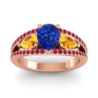 Blue Sapphire Ring In 14K Rose Gold With Citrine And Ruby Vatama Pear Three-stone Ring