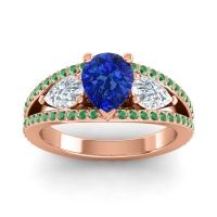 Blue Sapphire Ring In 18K Rose Gold With Lab Diamond And Emerald Vatama Pear Three-stone Ring