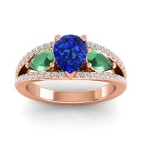Blue Sapphire Engagement Ring In 14K Rose Gold With Emerald And Diamond - Vatama Pear Three-stone Ring