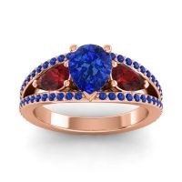 Blue Sapphire Ring In 18K Rose Gold With Garnet Vatama Pear Three-stone Ring