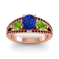 Blue Sapphire Ring In 14K Rose Gold With Peridot And Garnet Vatama Pear Three-stone Ring