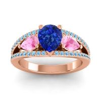 Blue Sapphire Ring In 14K Rose Gold With Pink Tourmaline And Aquamarine Vatama Pear Three-stone Ring