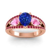 Blue Sapphire Ring In 18K Rose Gold With Pink Tourmaline And Ruby Vatama Pear Three-stone Ring