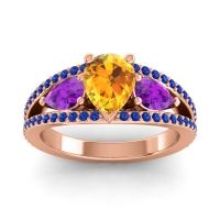 Citrine Ring In 14K Rose Gold With Amethyst And Blue Sapphire Vatama Pear Three-stone Ring