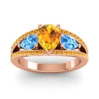 Citrine Ring In 14K Rose Gold With Swiss Blue Topaz Vatama Pear Three-stone Ring