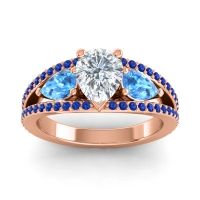 Lab Diamond Ring In 18K Rose Gold With Swiss Blue Topaz And Blue Sapphire Vatama Pear Three-stone Ring