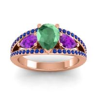 Emerald Ring In 18K Rose Gold With Amethyst And Blue Sapphire Vatama Pear Three-stone Ring