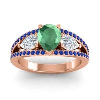 Emerald Ring In 14K Rose Gold With Diamond And Blue Sapphire Vatama Pear Three-stone Ring
